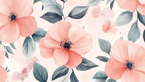 Digital floral pattern with peach blooms and cool foliage balance.