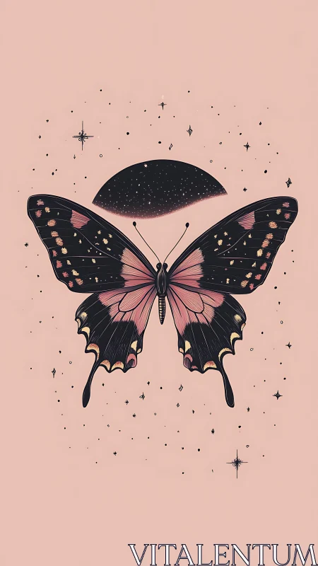 Cosmic dusk butterfly drifting under a half-moon sky.