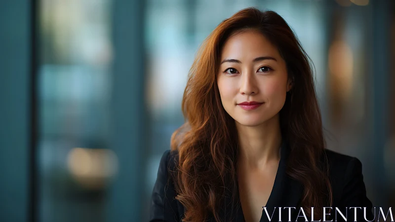 Confident businesswoman in modern office setting, natural light.