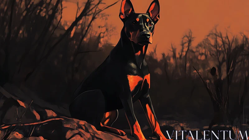 Alert black dog observes dark forest at sunset glow