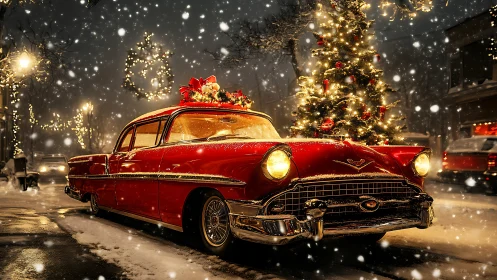 Vintage red Christmas car glows beside festive tree at night.