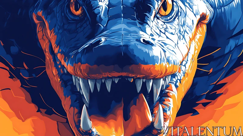 Predatory dragon close-up in bold blue and orange flames.