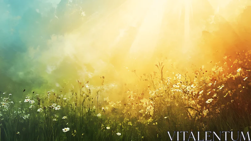 Sunlit wildflower meadow dissolving into golden morning mist.