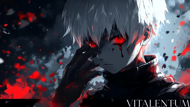 White-haired anime boy stares forward with glowing red eyes
