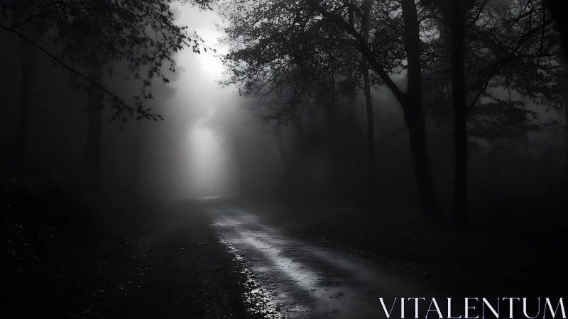 Foggy forest road glows under eerie backlit misty haze.