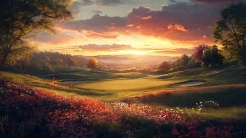 Sunset illuminates golf green amid wildflower covered hills
