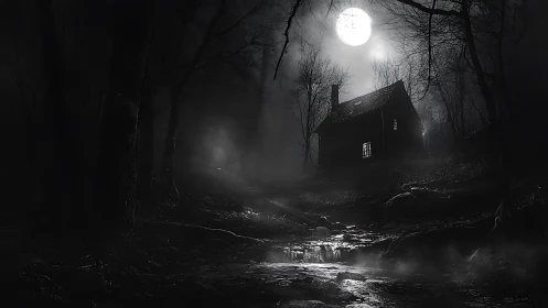 Moonlit forest cabin glowing softly beneath the misty sky.
