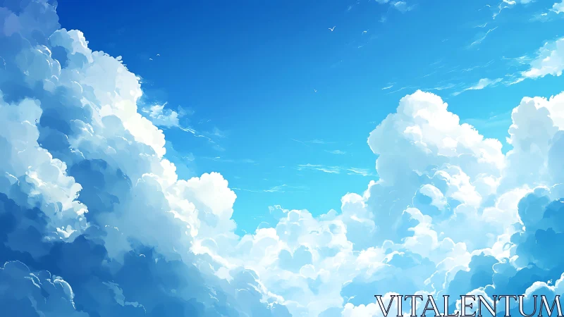 Cumulus cloudscape under high-luminance zenithal blue sky.