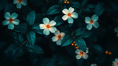 Luminous floral cluster with peach centers against deep teal foliage.