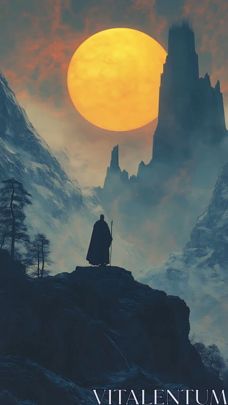 Lone wanderer measures a molten sun beside the dark citadel