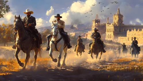 Galloping cowboys ride boldly past sunlit desert cathedral