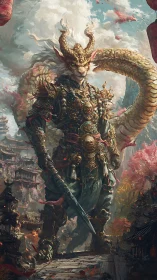 Majestic dragon warrior stands guard over an ancient valley