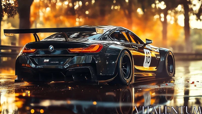BMW race car sits on wet track with strong sunset reflections