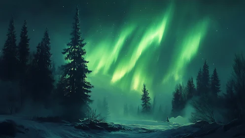 Northern lights over conifer forest in winter landscape.