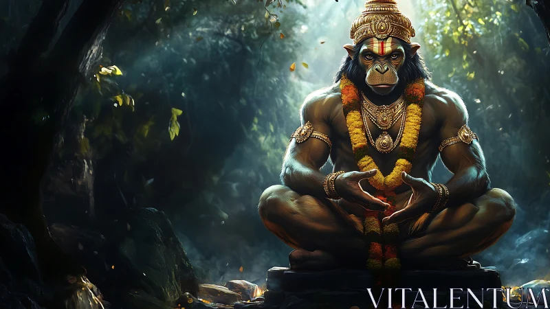 Jungle sage simian god glows in shafts of emerald light.