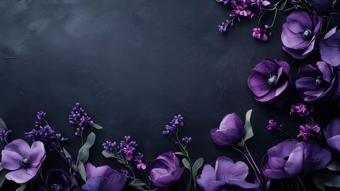 Purple Flowers Frame Dark Textured Background.