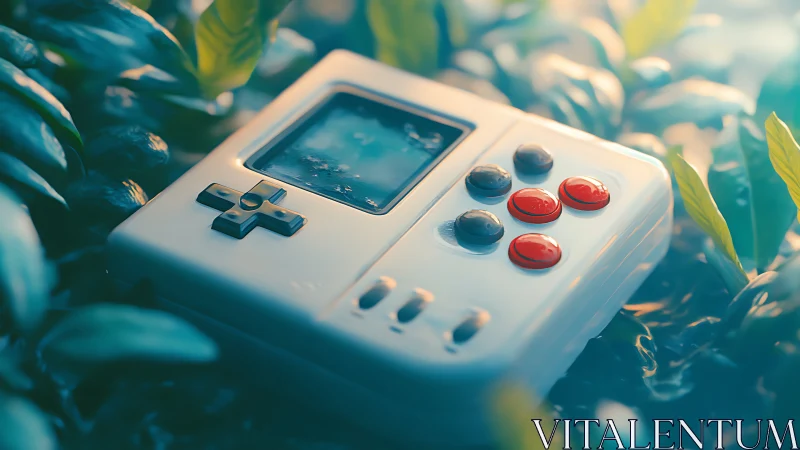 Retro Handheld Gaming Device in Nature Setting.