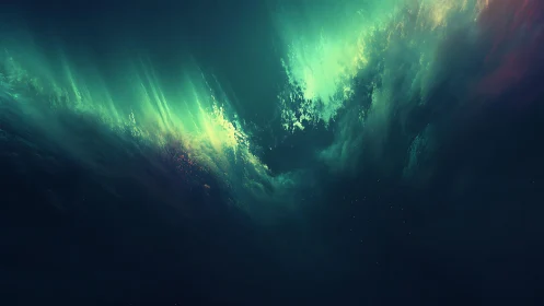 Abstract cosmic sky with vibrant aurora and glowing clouds, digital art.