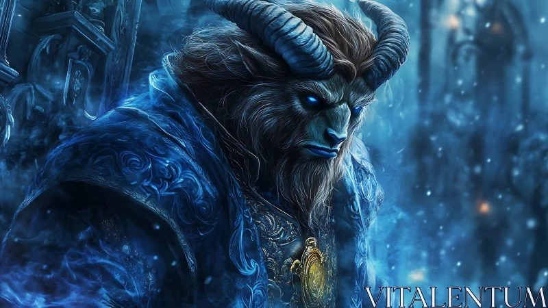 Frostbound horned prince brooding in sapphire sorcery glow.