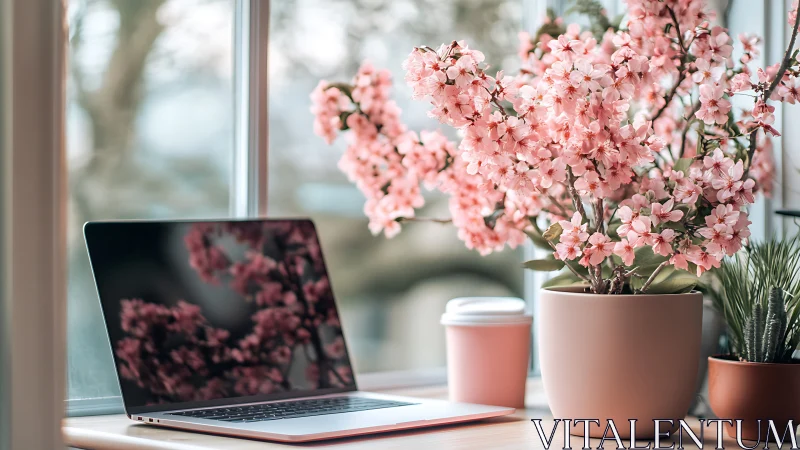 Laptop daydreams beneath a froth of soft cherry blooms.