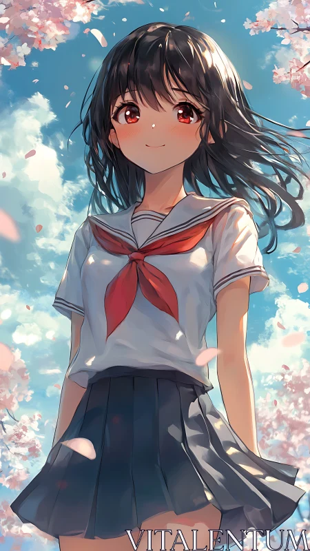 Schoolgirl in sailor uniform beneath spring cherry blossoms.