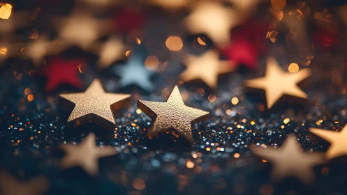 Golden star confetti in warm festive bokeh glow.