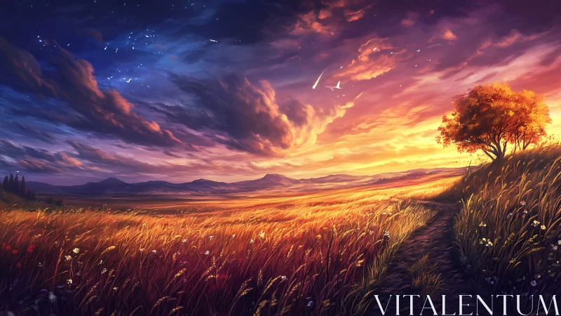 Golden meadow trail beneath blazing twilight sky.