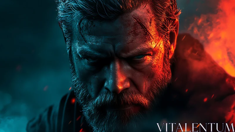 Battle-scarred warrior portrait in dual blue and fiery light.