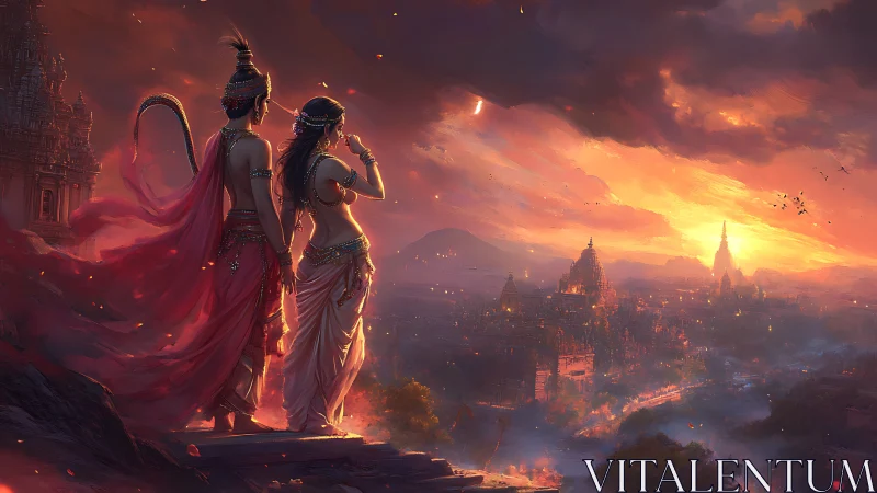 Divine figures overlook luminous temple city at dusk.