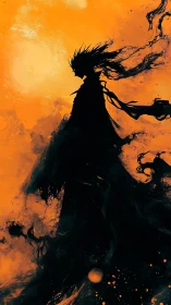 Shadow wraith silhouette cuts through burning orange void.