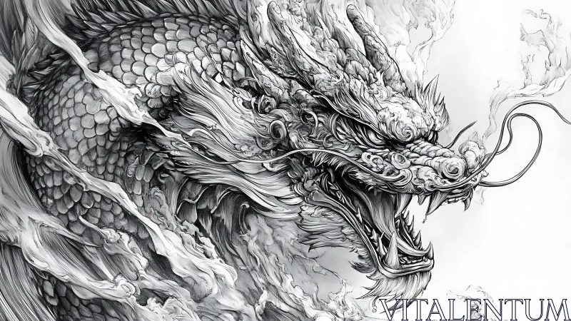 Intricate monochrome Eastern dragon head in dynamic smoke