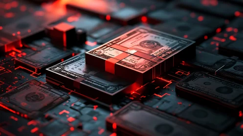 Neon currency blocks ignite a glowing digital money grid.