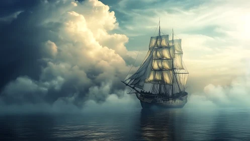 Tall ship sails through fog on calm reflective ocean water