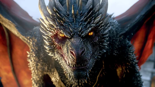 Ember-eyed dragon king leaning into the frame, daring mortals.