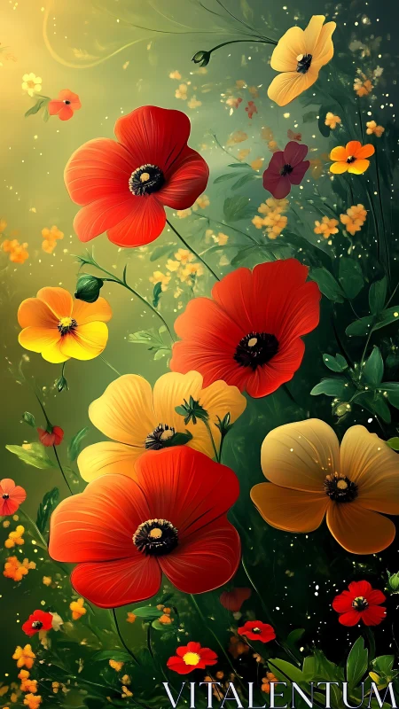 Vibrant Poppy Garden Against Luminous Green Backdrop.