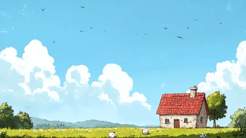 Small red roof cottage in bright rural summer field