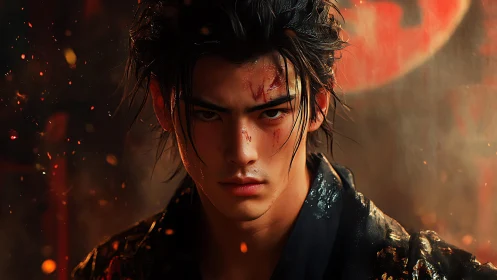 Battle-worn young warrior in ember-lit cinematic portrait