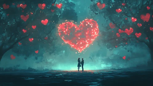 Two Lovers Beneath Glowing Heart Sky