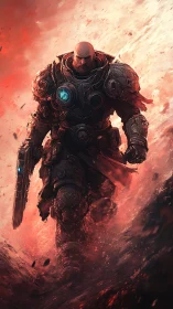 Armored shock trooper advancing through incendiary storm.