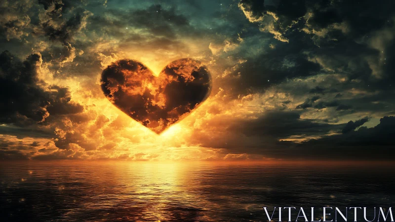 Flaming Heart Rises Over Ocean at Sunset