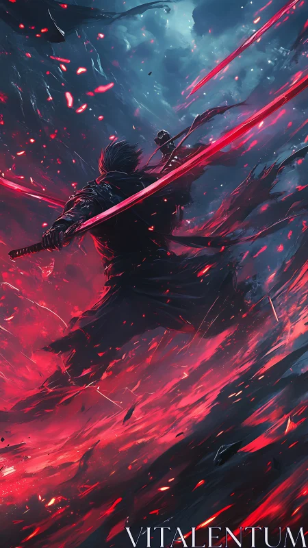 Sword-wielding warrior in red energy storm scene.