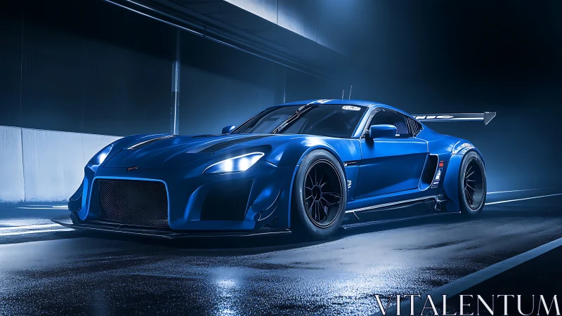 Blue race car in wet tunnel under dramatic blue lighting.