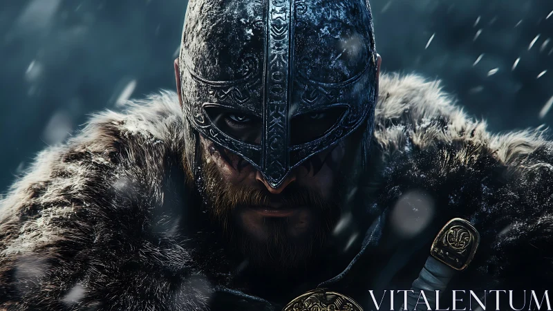 Brooding Viking warrior under snow, in fur and iron helm.
