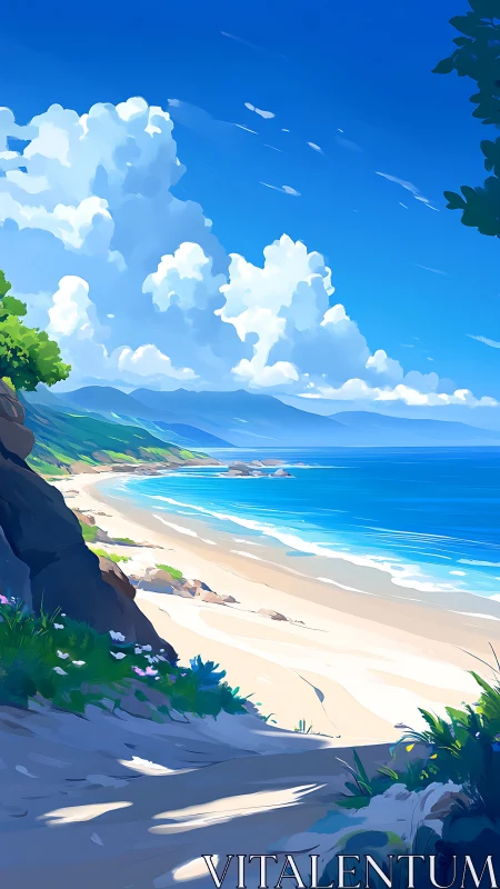 Sunlit cliffside path leading to a lazy turquoise shore.