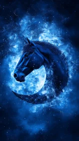 Luminous equine silhouette integrated with crescent lunar arc.