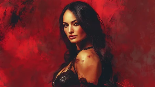 Digital portrait of woman against textured red abstract background