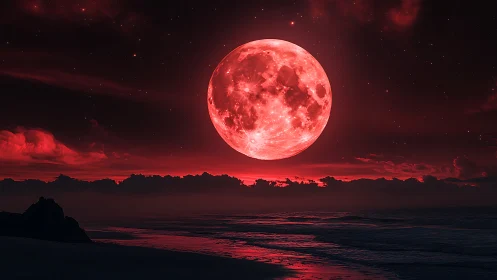 Red full moon over dark ocean horizon at night sky.