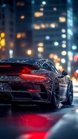 Sleek sports car glows under neon city lights at night