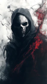 Hooded skull wraith emerges through fractured crimson smoke.
