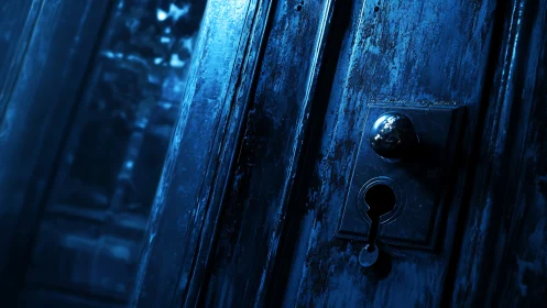 Low-key macro study of weathered blue door lockset in shadow